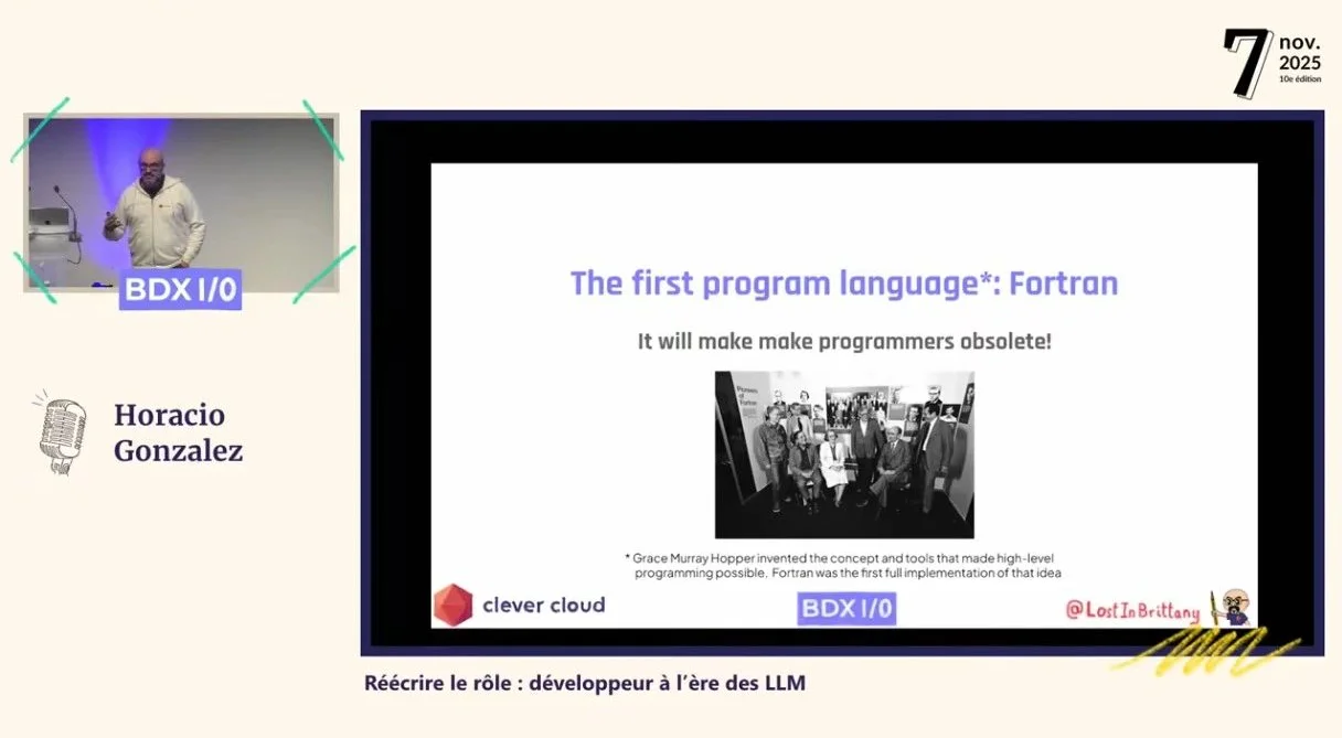 Une diapositive du talk à BDX I/O : « The first program language: Fortran. It will make programmers obsolete! », avec une photo des pionniers de Fortran