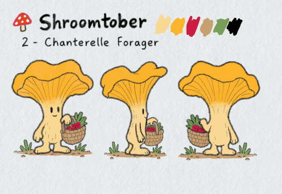 Planche de personnage en trois vues pour Shroomtober n° 2, la Chanterelle Cueilleuse : un personnage champignon élancé, jaune pâle, au large chapeau doré ondulé en forme d'entonnoir, portant un panier tressé rempli de baies rouges et de verdure