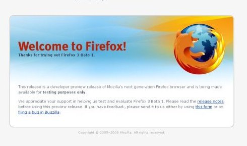 Page de bienvenue de Firefox 3.0 béta 1