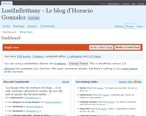 Tableau de bord Wordpress 2.5