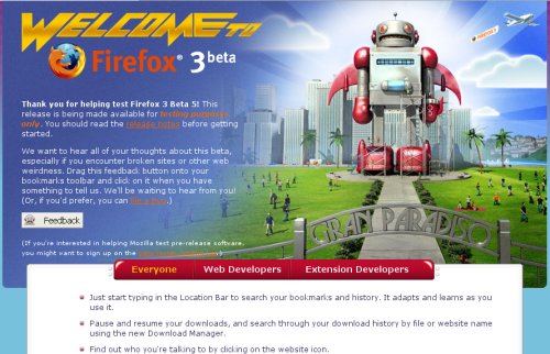 Page d'accueil de Firefox 3.0b5