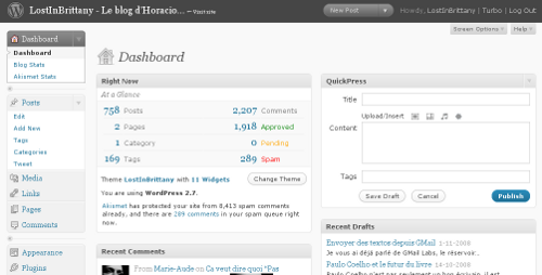 Tableau de bord de Wordpress 2.7