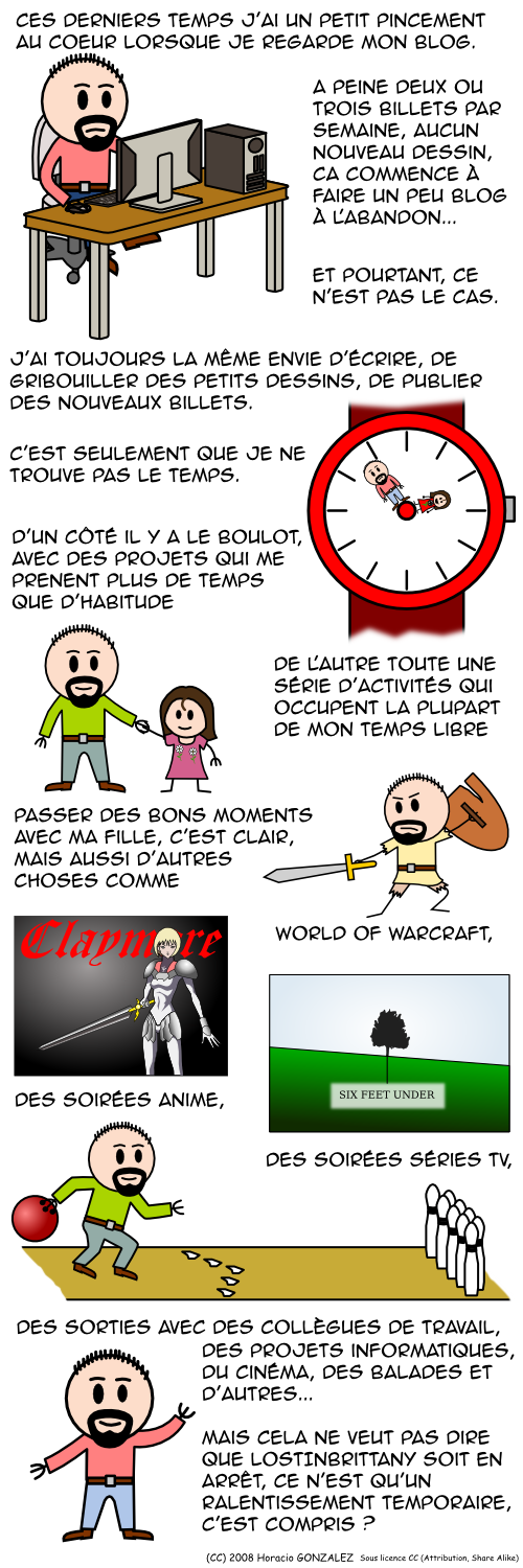 Ces derniers temps j'ai un petit pincement au coeur lorsque je regarde mon blog. A peine deux ou trois billets par semaine, aucun nouveau dessin, ca commence à faire un peu blog à l'abandon... Et pourtant, ce n'est pas le cas. J'ai toujours la même envie d'écrire, de gribouiller des petits dessins, de publier des nouveaux billets. C'est seulement que je ne trouve pas le temps. D'un côté il y a le boulot, avec des projets qui me prenent plus de temps que d'habitude, de l'autre toute une série d'activités qui occupent la plupart de mon temps libre. Passer des bons moments avec ma fille, c'est clair, mais aussi d'autres
choses comme World of Warcraft, des soirées anime, des soirées séries TV, des sorties avec des collègues de travail, des projets informatiques, du cinéma, des balades et d'autres... Mais cela ne veut pas dire que LostInBrittany soit en arrêt, ce n'est qu'un ralentissement temporaire, c'est compris ?
